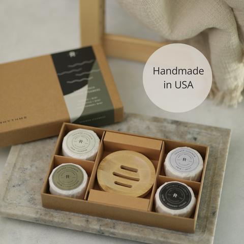 Shower Steamers | Variety Pack | Bamboo Plate  | 4 Tablets | Gift Set
