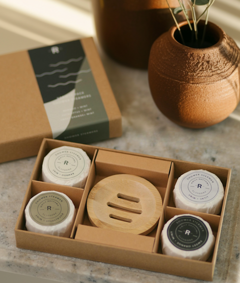 Shower Steamers | Variety Pack | Bamboo Plate  | 4 Tablets | Gift Set