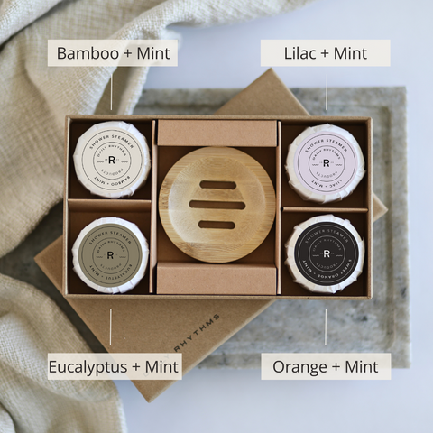 Shower Steamers | Variety Pack | Bamboo Plate  | 4 Tablets | Gift Set